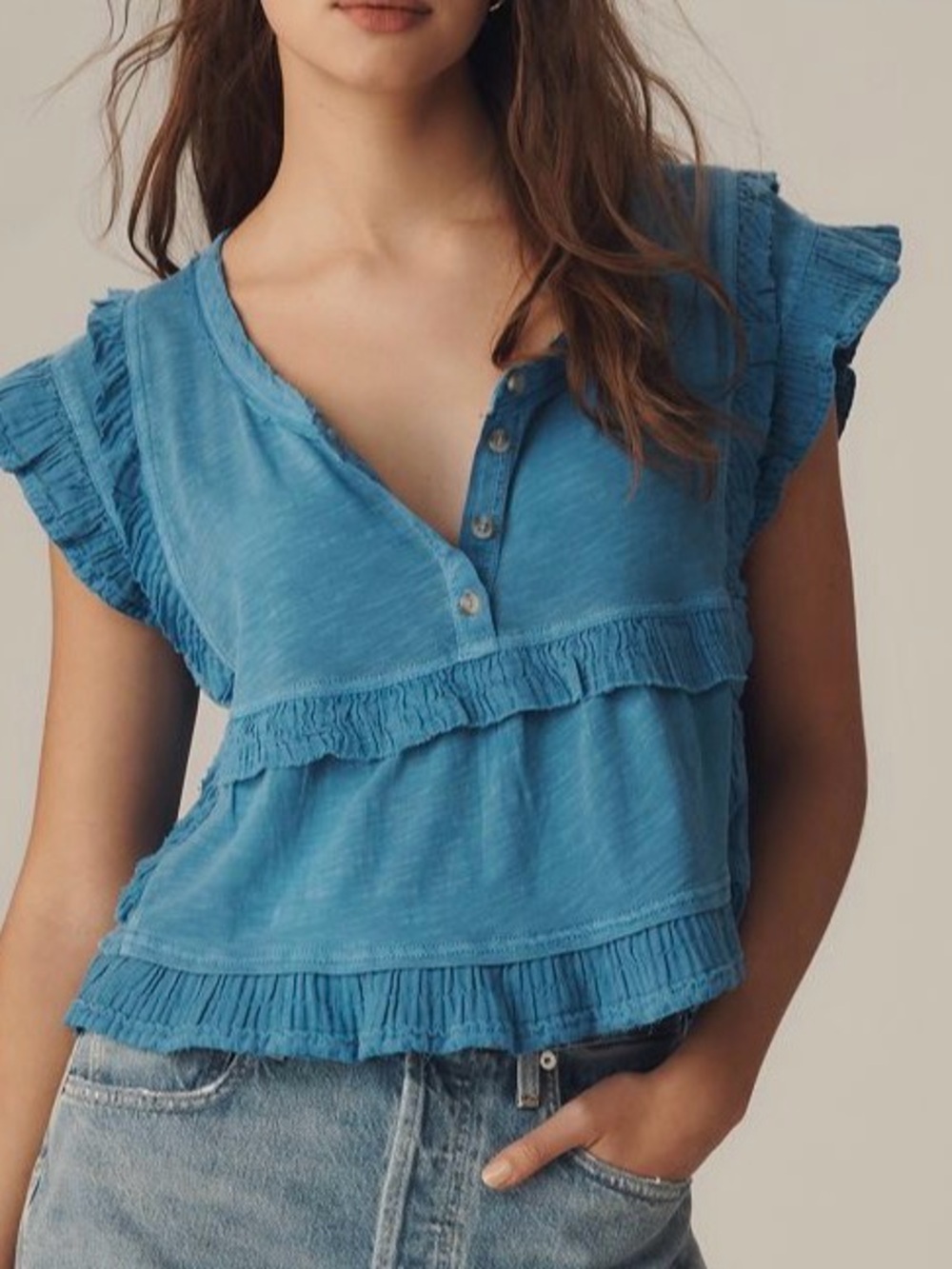 PILCRO ANTHROPOLOGIE BLUE SLEEVELESS RUFFLE EDGE SCOOP NECK SHIRT SZ XXS